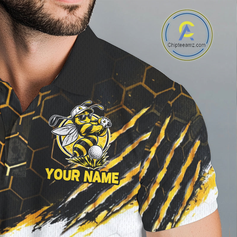 Custom Hornet Bee Golf Lover Black And Yellow Men Polo Shirt, Personalized Golf Polo Shirt With Bee NHT1543