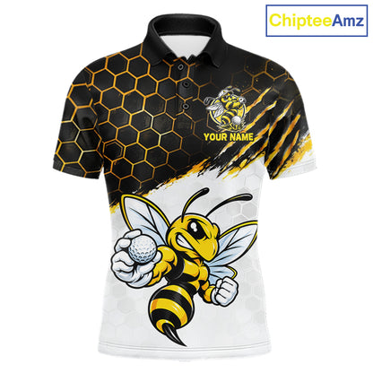 Custom Hornet Bee Golf Lover Black And Yellow Men Polo Shirt, Personalized Golf Polo Shirt With Bee NHT1543