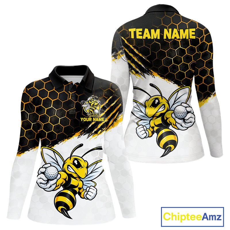 Custom Hornet Bee Golf Lover Black And Yellow Women Polo Shirt, Personalized Golf Polo Shirt With Bee NHT1543
