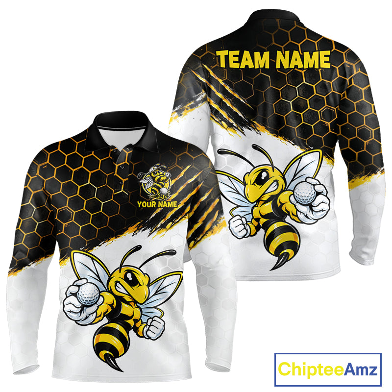 Custom Hornet Bee Golf Lover Black And Yellow Men Polo Shirt, Personalized Golf Polo Shirt With Bee NHT1543