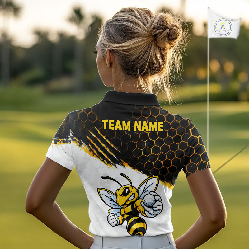 Custom Hornet Bee Golf Lover Black And Yellow Women Polo Shirt, Personalized Golf Polo Shirt With Bee NHT1543
