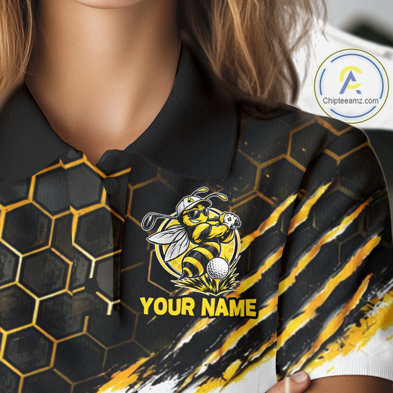 Custom Hornet Bee Golf Lover Black And Yellow Women Polo Shirt, Personalized Golf Polo Shirt With Bee NHT1543