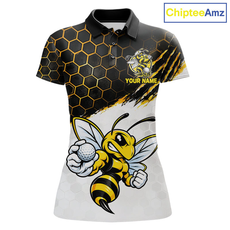 Custom Hornet Bee Golf Lover Black And Yellow Women Polo Shirt, Personalized Golf Polo Shirt With Bee NHT1543