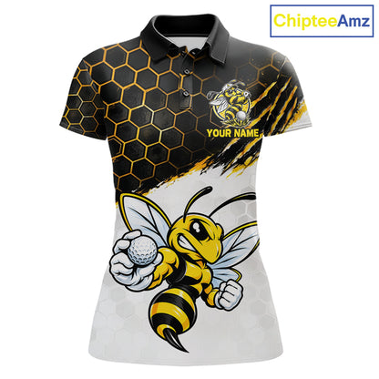 Custom Hornet Bee Golf Lover Black And Yellow Women Polo Shirt, Personalized Golf Polo Shirt With Bee NHT1543