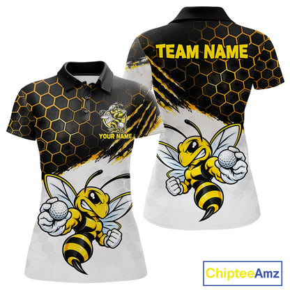 Custom Hornet Bee Golf Lover Black And Yellow Women Polo Shirt, Personalized Golf Polo Shirt With Bee NHT1543