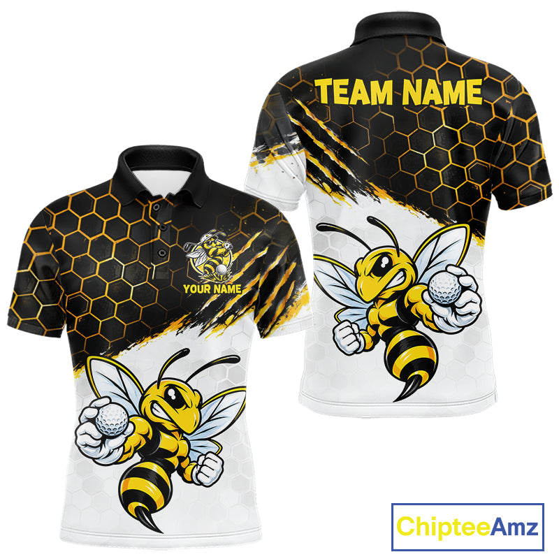 Custom Hornet Bee Golf Lover Black And Yellow Men Polo Shirt, Personalized Golf Polo Shirt With Bee NHT1543