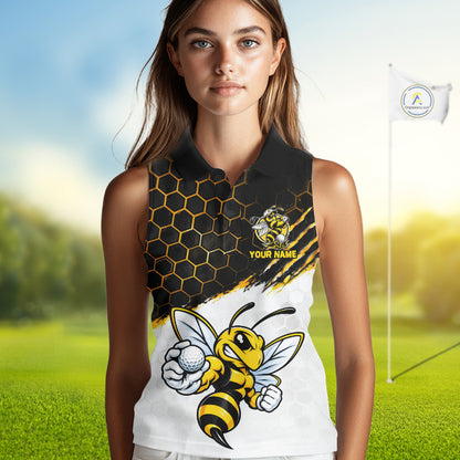 Custom Hornet Bee Golf Lover Black And Yellow Women Sleeveless Polo Shirt, Personalized Golf Polo Shirt With Bee NHT1543