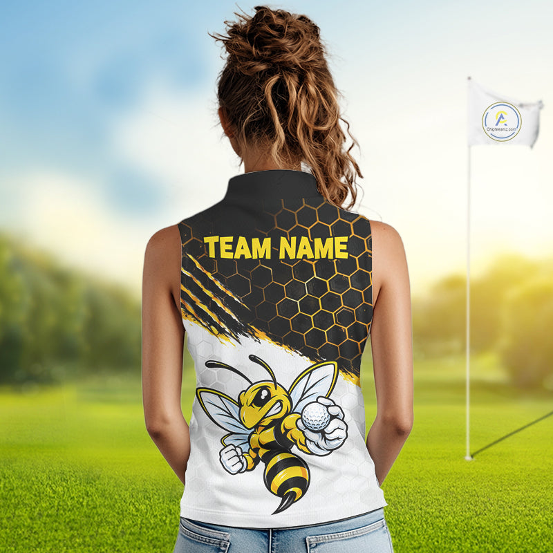 Custom Hornet Bee Golf Lover Black And Yellow Women Sleeveless Polo Shirt, Personalized Golf Polo Shirt With Bee NHT1543
