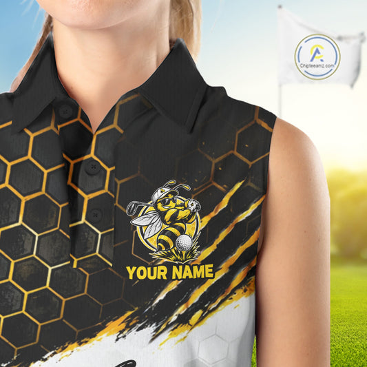 Custom Hornet Bee Golf Lover Black And Yellow Women Sleeveless Polo Shirt, Personalized Golf Polo Shirt With Bee NHT1543
