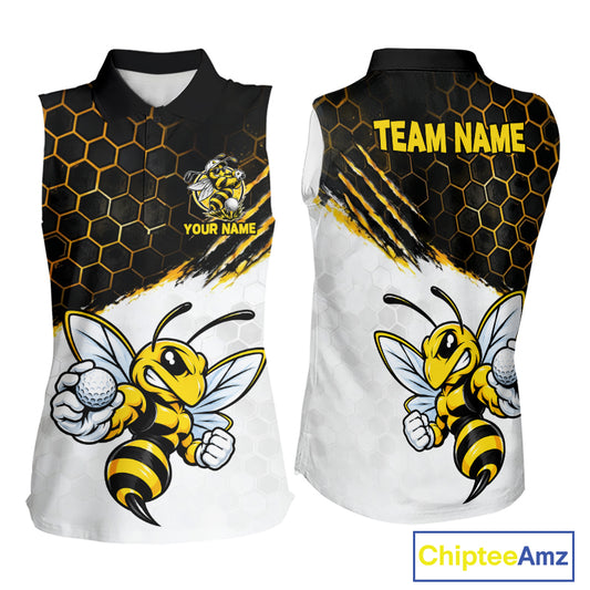 Custom Hornet Bee Golf Lover Black And Yellow Women Sleeveless Polo Shirt, Personalized Golf Polo Shirt With Bee NHT1543