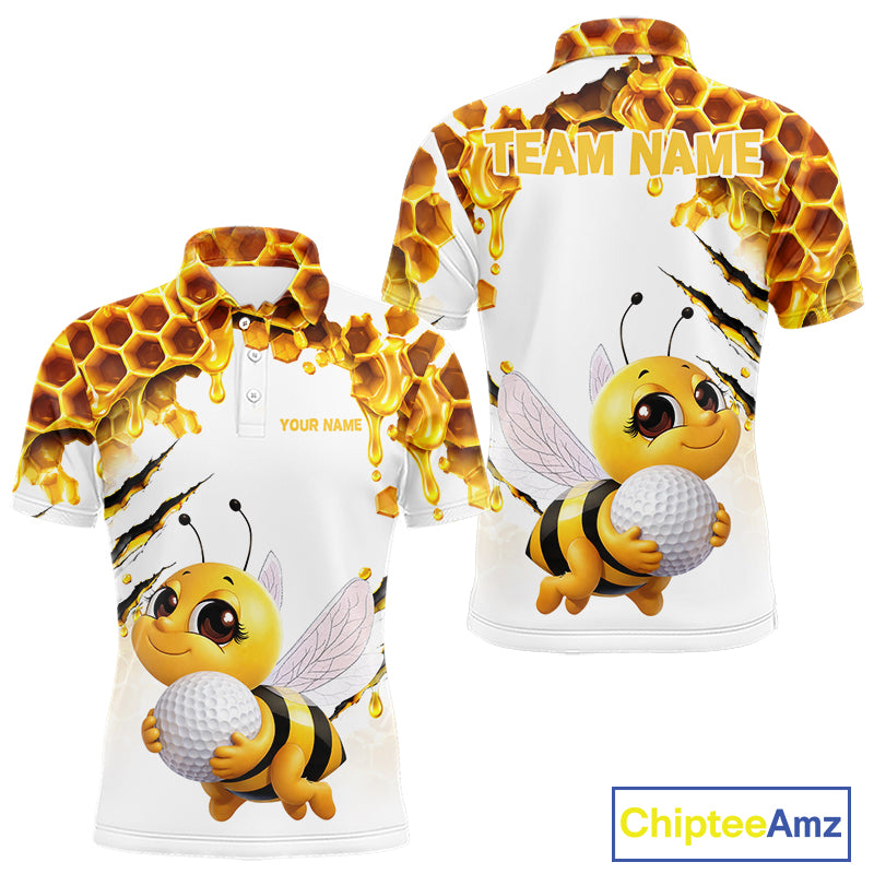 Custom Cute Honey Bee Golf Lover White Men Polo Shirt, Personalized Honey Bee Golf Tops NHT1544