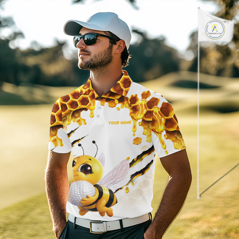 Custom Cute Honey Bee Golf Lover White Men Polo Shirt, Personalized Honey Bee Golf Tops NHT1544