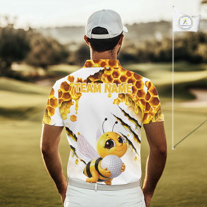 Custom Cute Honey Bee Golf Lover White Men Polo Shirt, Personalized Honey Bee Golf Tops NHT1544