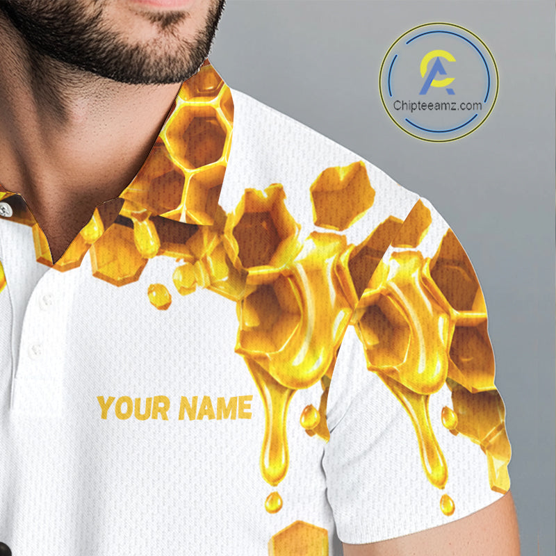Custom Cute Honey Bee Golf Lover White Men Polo Shirt, Personalized Honey Bee Golf Tops NHT1544