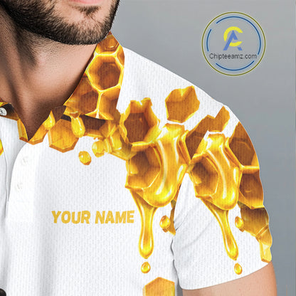 Custom Cute Honey Bee Golf Lover White Men Polo Shirt, Personalized Honey Bee Golf Tops NHT1544