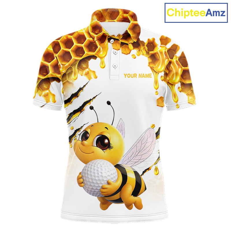 Custom Cute Honey Bee Golf Lover White Men Polo Shirt, Personalized Honey Bee Golf Tops NHT1544