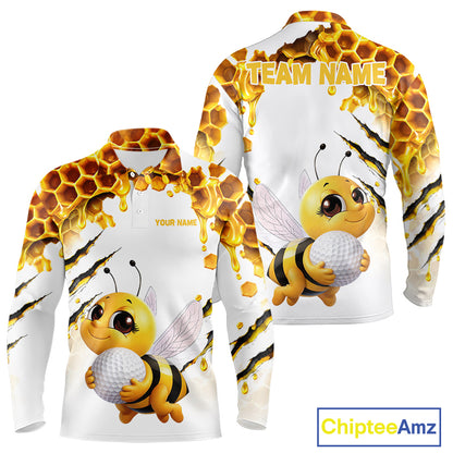 Custom Cute Honey Bee Golf Lover White Men Polo Shirt, Personalized Honey Bee Golf Tops NHT1544