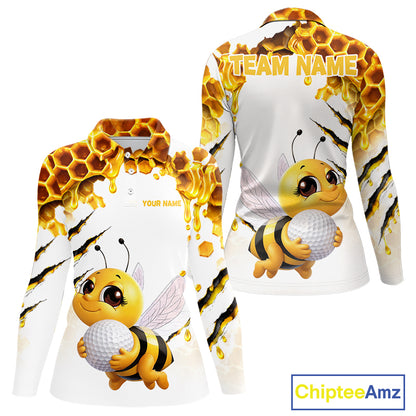 Custom Cute Honey Bee Golf Lover White Women Polo Shirt, Personalized Honey Bee Golf Tops NHT1544