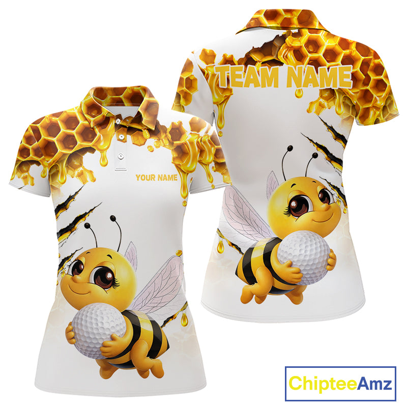 Custom Cute Honey Bee Golf Lover White Women Polo Shirt, Personalized Honey Bee Golf Tops NHT1544
