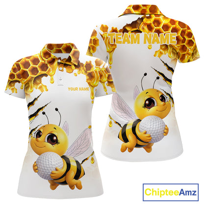 Custom Cute Honey Bee Golf Lover White Women Polo Shirt, Personalized Honey Bee Golf Tops NHT1544