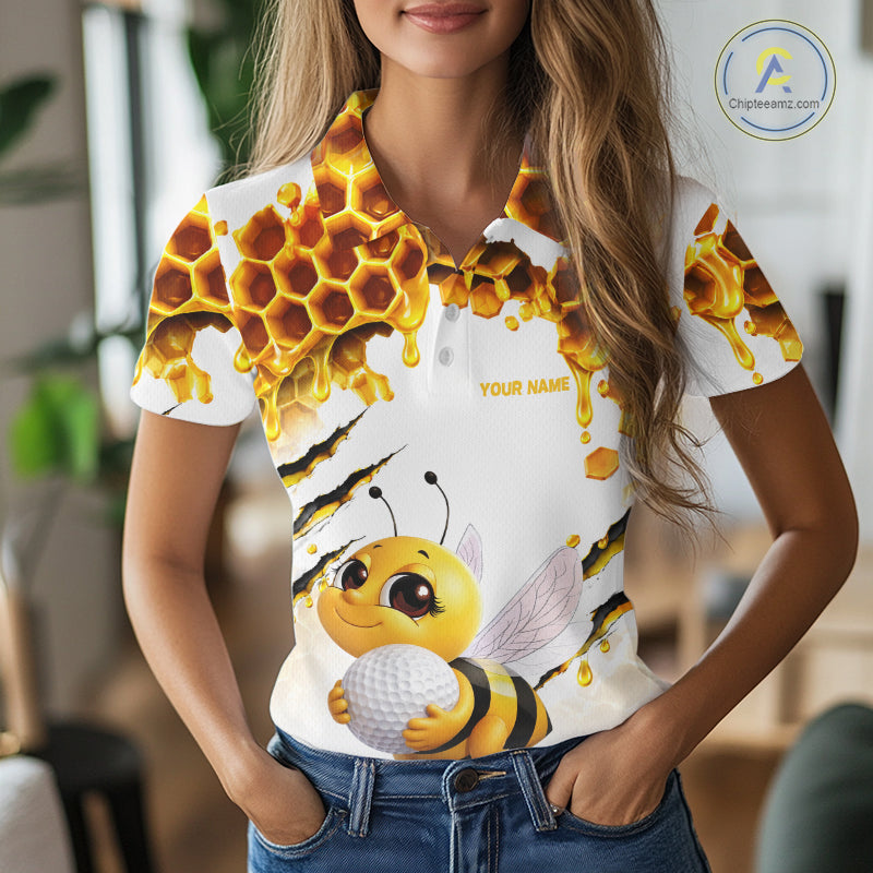 Custom Cute Honey Bee Golf Lover White Women Polo Shirt, Personalized Honey Bee Golf Tops NHT1544