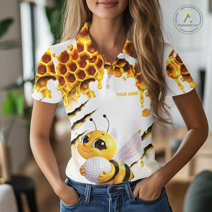 Custom Cute Honey Bee Golf Lover White Women Polo Shirt, Personalized Honey Bee Golf Tops NHT1544