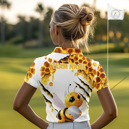Custom Cute Honey Bee Golf Lover White Women Polo Shirt, Personalized Honey Bee Golf Tops NHT1544