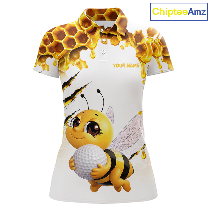 Custom Cute Honey Bee Golf Lover White Women Polo Shirt, Personalized Honey Bee Golf Tops NHT1544