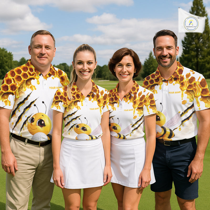 Custom Cute Honey Bee Golf Lover White Women Polo Shirt, Personalized Honey Bee Golf Tops NHT1544