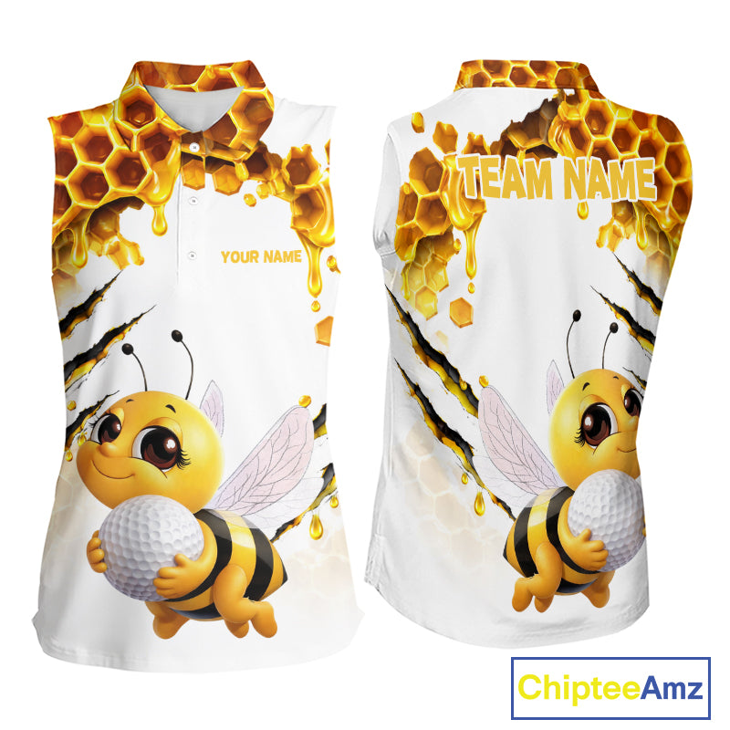 Custom Cute Honey Bee Golf Lover White Women Sleeveless Polo Shirt, Personalized Honey Bee Golf Tops NHT1544