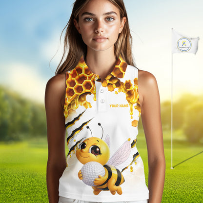 Custom Cute Honey Bee Golf Lover White Women Sleeveless Polo Shirt, Personalized Honey Bee Golf Tops NHT1544