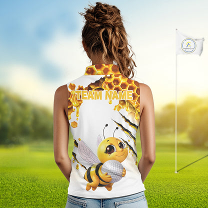 Custom Cute Honey Bee Golf Lover White Women Sleeveless Polo Shirt, Personalized Honey Bee Golf Tops NHT1544
