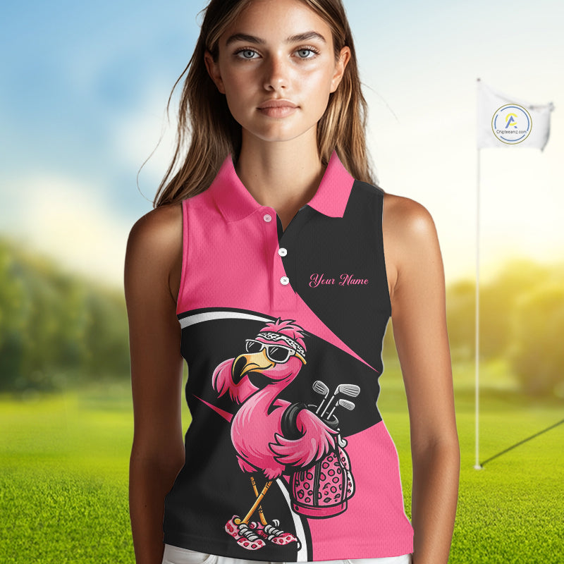 Funny Pink Flamingo Golf Sleeveless Polo Shirt For Womens, Custom Flamingo Golf Shirt For Team NHT543