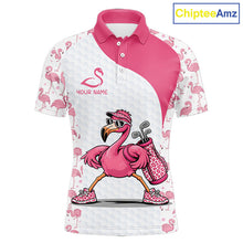 Load image into Gallery viewer, Funny Pink Flamingo Mens Golf Polo Shirt Custom Pink And White Golf Shirt For Team NHT545