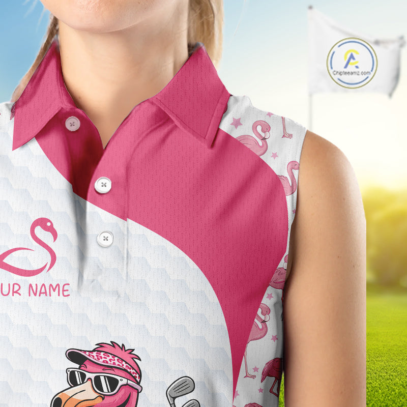 Funny Pink Flamingo Golf Womens Sleeveless Polo Shirt Custom Pink And White Golf Shirt For Team NHT545