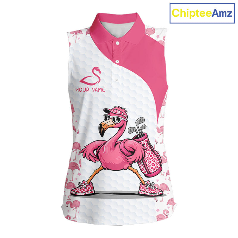 Funny Pink Flamingo Golf Womens Sleeveless Polo Shirt Custom Pink And White Golf Shirt For Team NHT545