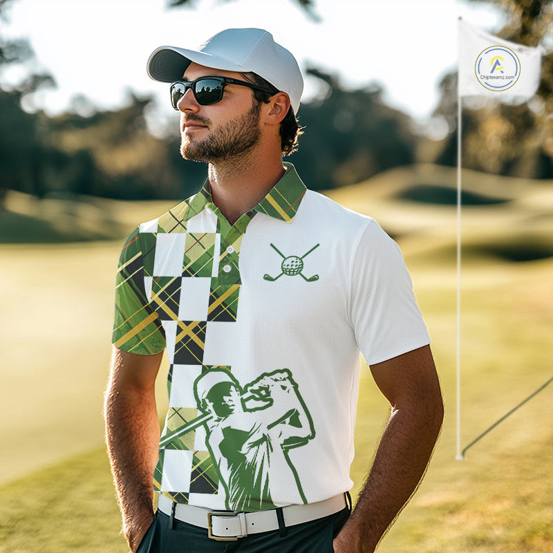Personalized Green Tartan Plaid Mens Golf Polo Shirt, Custom Name Golf Shirt For Team NHT553