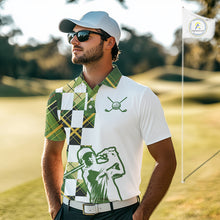 Load image into Gallery viewer, Personalized Green Tartan Plaid Mens Golf Polo Shirt, Custom Name Golf Shirt For Team NHT553