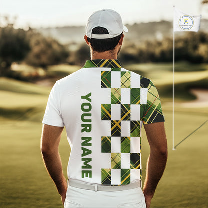Personalized Green Tartan Plaid Mens Golf Polo Shirt, Custom Name Golf Shirt For Team NHT553
