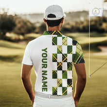 Load image into Gallery viewer, Personalized Green Tartan Plaid Mens Golf Polo Shirt, Custom Name Golf Shirt For Team NHT553