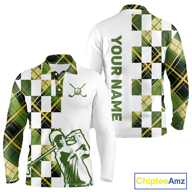 Personalized Green Tartan Plaid Mens Golf Polo Shirt, Custom Name Golf Shirt For Team NHT553