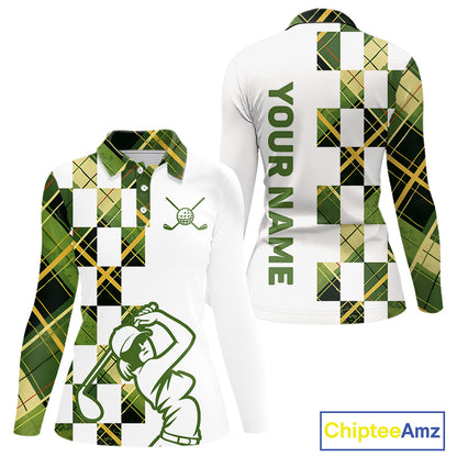 Personalized Green Tartan Plaid Womens Golf Polo Shirt, Custom Name Golf Shirt For Team  NHT553
