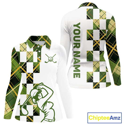 Personalized Green Tartan Plaid Womens Golf Polo Shirt, Custom Name Golf Shirt For Team  NHT553