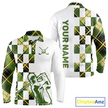 Load image into Gallery viewer, Personalized Green Tartan Plaid Mens Golf Polo Shirt, Custom Name Golf Shirt For Team NHT553