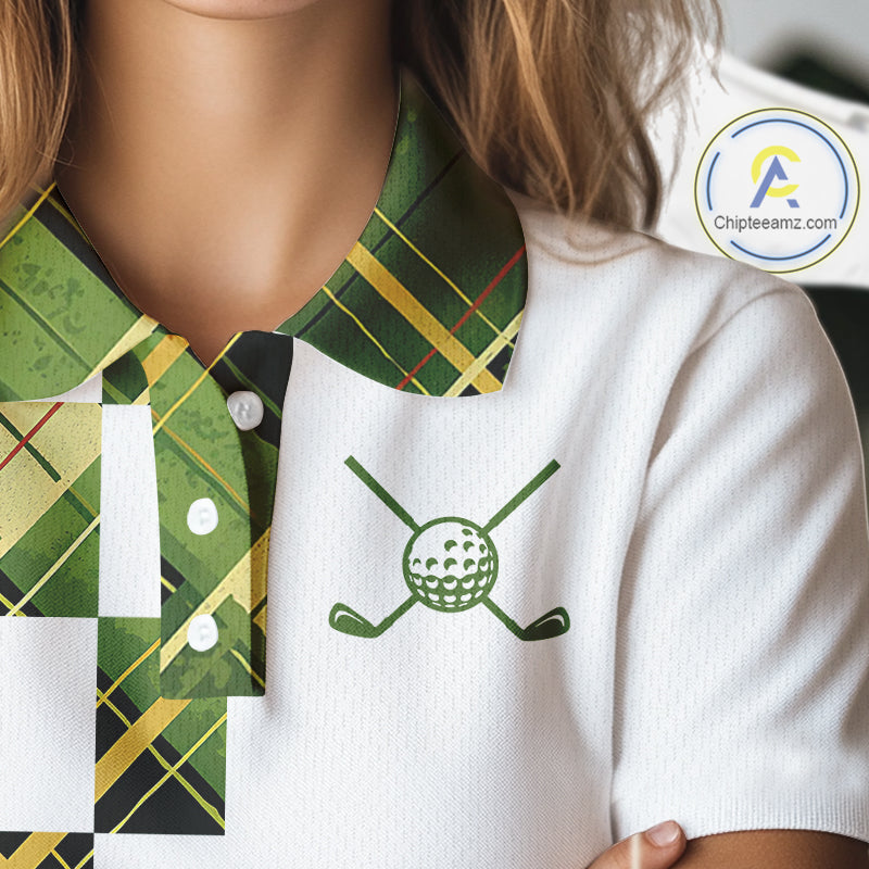 Personalized Green Tartan Plaid Womens Golf Polo Shirt, Custom Name Golf Shirt For Team  NHT553