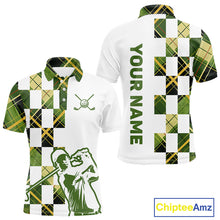 Load image into Gallery viewer, Personalized Green Tartan Plaid Mens Golf Polo Shirt, Custom Name Golf Shirt For Team NHT553