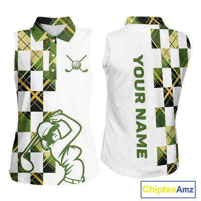 Personalized Green Tartan Plaid Womens Sleeveless Golf Polo Shirt, Custom Name Golf Shirt For Team  NHT553