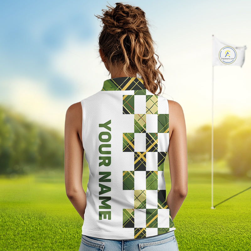 Personalized Green Tartan Plaid Womens Sleeveless Golf Polo Shirt, Custom Name Golf Shirt For Team  NHT553