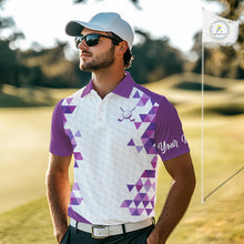 Load image into Gallery viewer, Custom Purple Geometric Mens Golf Polo Shirt, Personalized Team Name Golf Polo Shirt NHT554