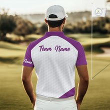 Load image into Gallery viewer, Custom Purple Geometric Mens Golf Polo Shirt, Personalized Team Name Golf Polo Shirt NHT554